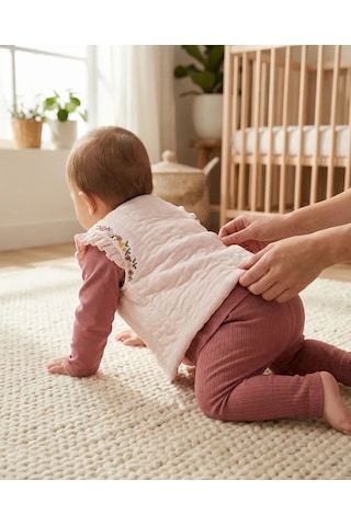 Mutlu Bebe Kız Bebek 3 Lü Takım Çiçek Desenli Bluz Pantolon Ve Yelek Şık Bebek Kıyafeti Bej