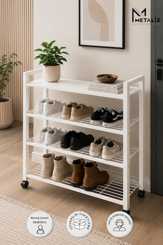 Loft 4 Katlı Siyah Tekerlekli Metal Ayakkabılık, Ahşap Mdf Tablalı, Çok Amaçlı Ayakkabı Düzenleyici, 77x30x70 Cm Beyaz