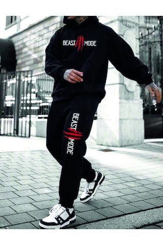 Hunors Sportswear & Company Siyah Erkek Oversize Basic Kapüşonlu Paçası Lastikli Beast Moda Baskılı Pamuklu Eşofman Takımı Siyaah
