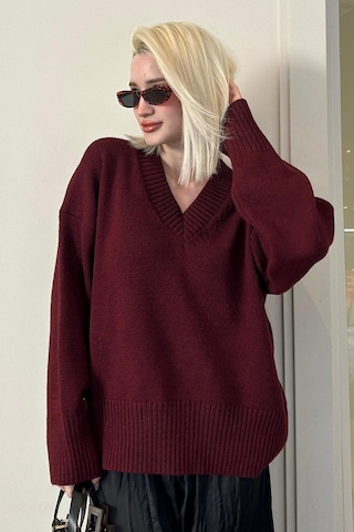 Madmext Koyu Bordo V Yaka Oversize Kadın Triko Kazak Mg2149 Koyu Bordo
