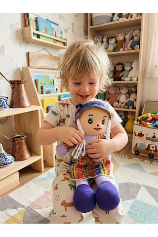 Yöresel Oyun Arkadaşım Büyük 45cm Yöresel Elbiseli Ve Şapkalı El Yapımı Oyuncak Bez Bebek Mor