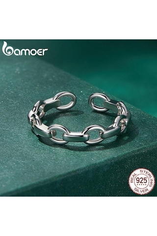 Bamoer 925 Ayar Gümüş Metal Zincir Ayarlanabilir Yüzük Kadınlar İçin Gümüş Moda Kilit Zincir Yüzük Bildirimi Band Takı