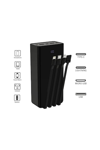 30.000 Mah Çoklu Kablolu Dijital Gösterge Powerbank Şarj Aleti 2x Usb Çıkışlı Powebank 30.000 Mah