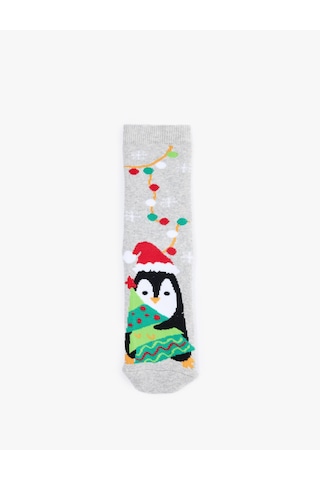 Koton Penguen Desenli Yılbaşı Çorabı Gri 6wkg80016aa Gri
