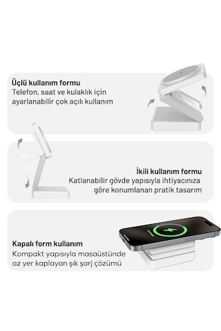 Woyax Wireless Qı2 Kablosuz Şarj Standı Katlanabilir Apple Uyumlu iPhone-iwatch-AirPods Uyumlu 15w Hızlı Telefon Kulaklık Saat 3in1 Beyaz