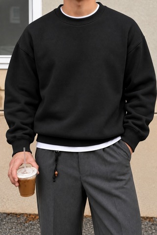 Cool Tarz Erkek 3 İplik Şardonlu Regular Fit Bisiklet Yaka Basic Sweatshirt Siyah Siyah