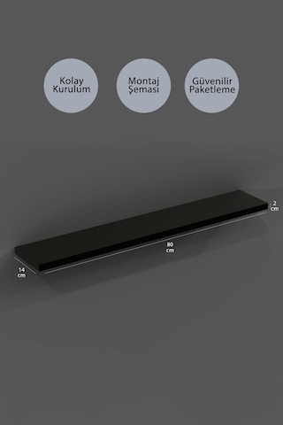 Yankı-BYEG 2li 80 cm Mat Siyah Mdf Duvar Rafı Gizli Bağlantı Kitaplık
