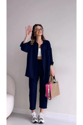 Barbora Keten Günlük 2'li Takım Elbise Pantolon Gömlek Ln21lacivert6 001