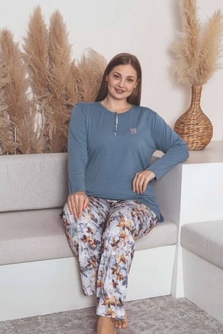 Kadın Çiçek Desen 3 Düğme Likralı Viskon Mevsimlik Büyük Beden Uzun Kol Pijama Takımı İndigo
