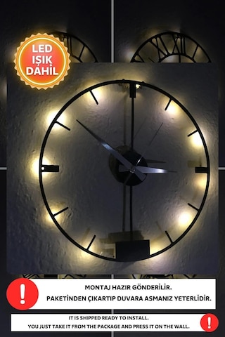 Led Işıklı Modern Duvar Saati Sessiz Dekoratif Modern Siyah Duvar Siyah