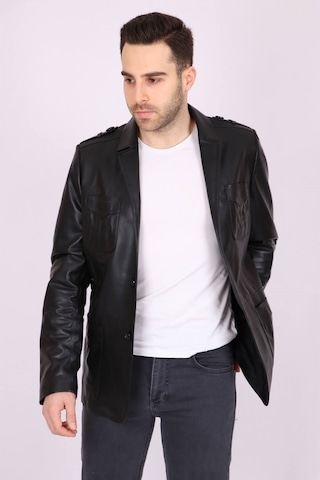 Erkek Siyah Hakiki Deri Yakalı Casual Klasik Ceket Mont