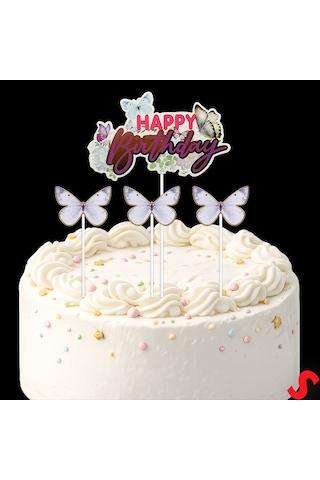 Kelebekli Happy Birthday Pasta Süsü 4 Lü Set - Mor