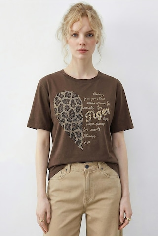 Shade Kadın Leopar Kalp Taş İşlemeli Bisiklet Yaka Regular Fit T-shirt 2210 60283976 - Kahverengi