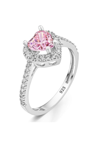 Vog Swarovski Taşlı Pembe Renkli Kalpli 925 Ayar Gümüş Yüzük