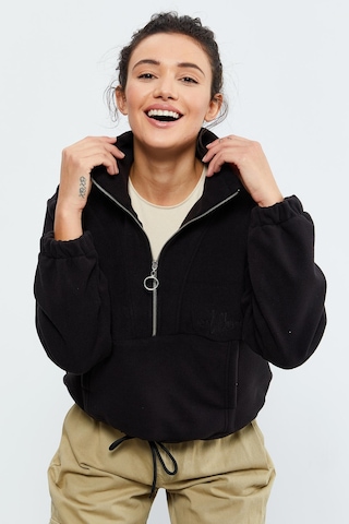 Tommy Life Siyah Yarım Fermuar Etek Ucu Büzgülü Kadın Polar Oversize Sweatshirt - 97171 Siyah