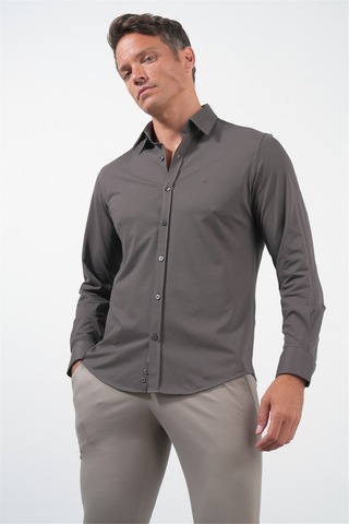 İmza Kahverengi Tulum Yaka Uzun Kol Cepsiz Örme Slim Fit Pamuklu Gömlek 1004260208