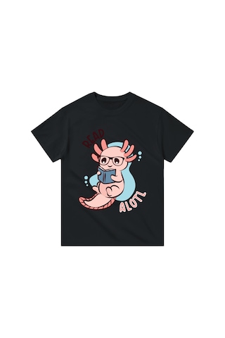 Paybuy Çocuk Baskılı Tişört Gözlüklü Axolotl Kitap Sevgili Tasarım Kısa Siyah