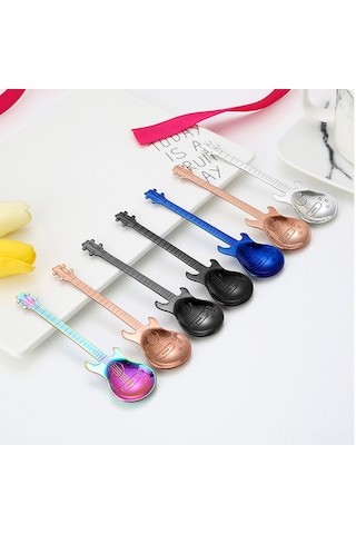 Konesam 304 Paslanmaz Çelik Gitar Şekilli Kahve Kaşığı - Karıştırıcı, Müzik Barları İçin Siyah Desenli Diğer