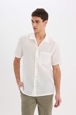 Defacto Relax Fit Polo Yaka Keten Görünümlü Yazlık Kısa Kollu Gömlek E1230ax25smwt32 Beyaz