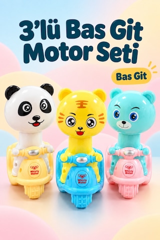 3 Lü Bas Git Oyuncak Motor Seti Panda Kaplan Ve Ayıcık Figürlü 12 Cm Renkli Motorlar