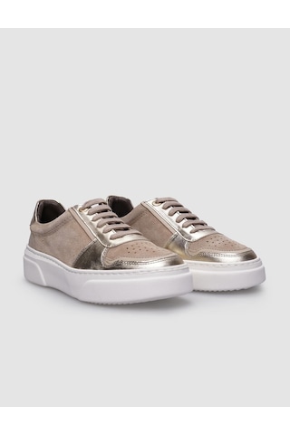 %100 Hakiki Deri Bej Bağcıklı Kadın Sneaker Bej