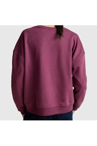 Diagonel Kumaş Çiçek İşlemeli Sweatshirt Gülkurusu Bordo