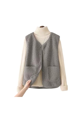 Kadın Güz Kış Yelek Ceket Düz Renk V Boyun Kolsuz Düğme Kapatma V Boyun Yumuşak Sıcak Cepler Hırka Bayan Yelek Bej