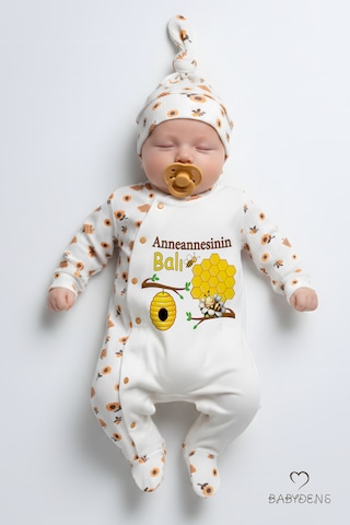 Babyden's Anneannesinin Balı Yazılı Yenidoğan Bebek Tulum Şapka Set Arı Desenli Unisex Çıtçıtlı Bebek Tulum Ekru - Sarı