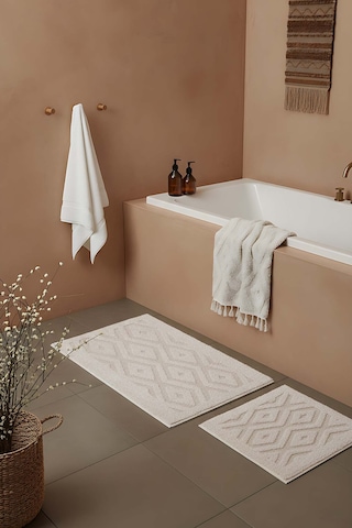 Krem Elmas Desenli Pamuklu 2 Li Banyo & Klozet Paspas Takımı Krem