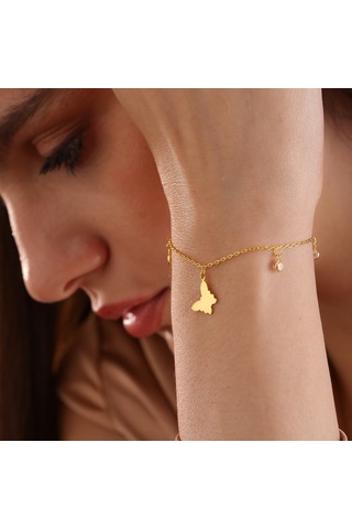 Queen Silver Jewelry 925 Ayar Gümüş Kelebek Objeli Zirkon Taş Sallantılı Bileklik Altın