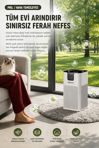 Ezere Pureair Akıllı Hava Temizleyici Hepa Filtreli Negatif İyon Hava Arıtıcı Beyaz