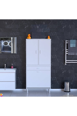 Modilayn Yeni Afra 70x173x32,5 Cm' Lik 1 Çekmece, 2 Göz Sepet, 2 Kapak, 4 Raf Dar Alan Banyo Dolabı Beyaz