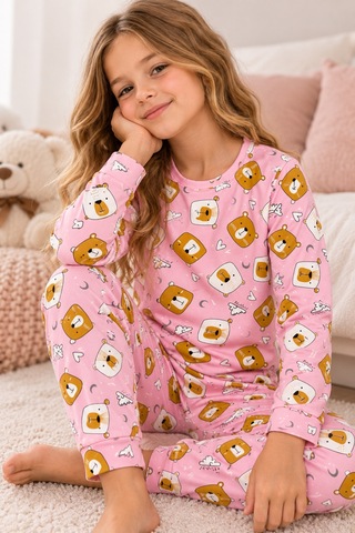 Free Beka Desenli Bisiklet Yaka %100 Pamuklu İnterlok Kumaş Kız Çocuk Uzun Kollu Pijama Takımı Pembe