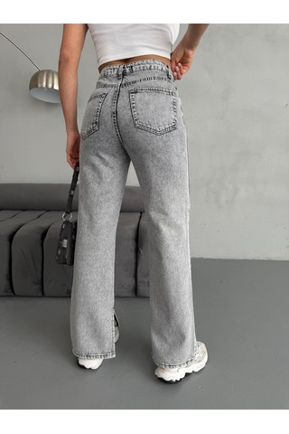 Yırtmaç Detaylı Boru Paça Grey Snow Wash Jean Gri
