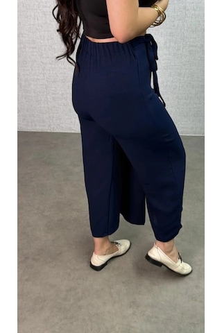 DefyModa Kadın Beli Lastikli Bağcık Detay Aerobin Kumaş Etek Pantolon Lacivert