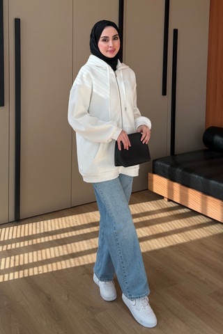 Balenbi Kadın 3 İplik İçi Polarlı Kapüşonlu Tesettür Basic Sweat Hırka 395 Ekru