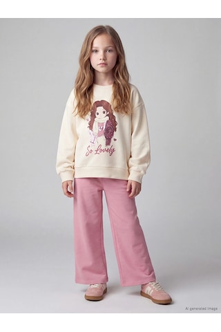 LC Waikiki Lcw Kids Ekru Baskılı Kız Çocuk Kalın Sweatshirt Cream