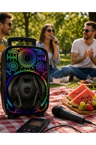Mey İthalat Karaoke Hoparlör Rgb Led Işıklı Usb Fm Radyo Destekli Taşınabilir Speaker