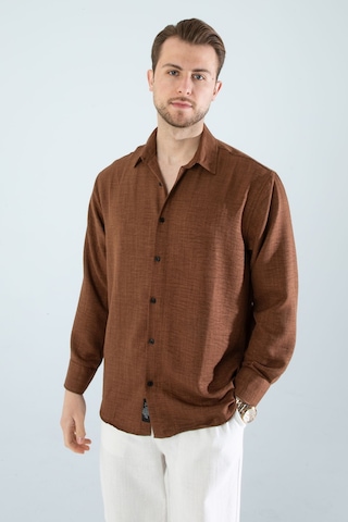 Rahat Kesim Keten Dokulu Gömlek Koyu Kahve