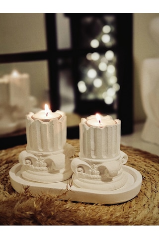 Tepside Dekoratif 2'li Yıkılmış Roma Sütunu Tealight Mumluk 8cm Ve 2 Adet Tealight Mum Hediyeli Beyaz