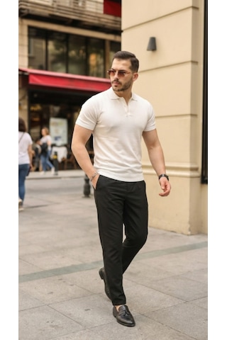 Efnaz Style Erkek Düğmeli Yaka Pamuk Triko Tişört Beyaz