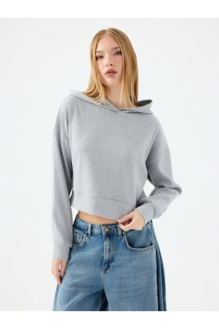 Long Crop Kadın Sweatshirt Gri Melanj