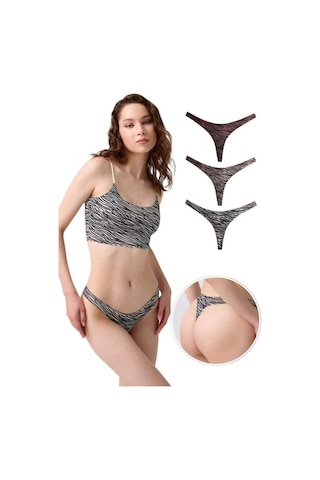 Cottonhill Basic Desenli Lazer Kesim Kadın Tanga Külot 3'lü Paket-1 Renkli-2 Çok Renkli
