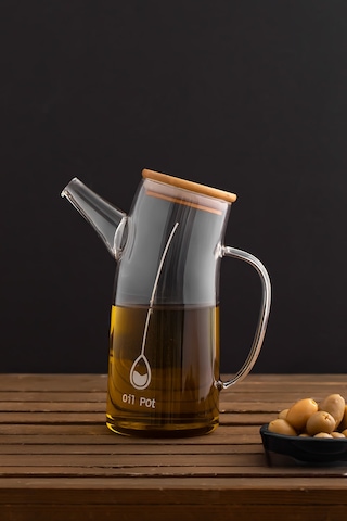 Porsima 2093 Bambu Kapaklı Vakumlu Borosilikat Cam Yağdanlık Yağlık Sirkelik 700ml Şeffaf