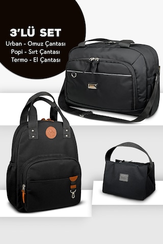 Stylo 3'lü Set Anne Bebek Bakım Sırt Çantası - Urban Anne Bebek Omuz Çantası ve Termos Çanta Siyah