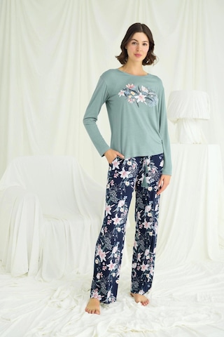 Mega Fair Çiçek Ve Yaprak Desenli Baskılı Pijama Takımı Yeşil