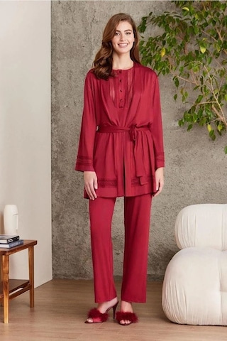 Pierre Cardin 2800 Kadın Bordo Dantelli Penye 3'lü Sabahlıklı Pijama Takım Bordo