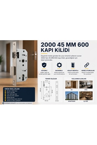 2000 Seri 45 Mm 600 Lük Kapı Kilidi / Gömme Kilit Dayanıklı Metal Gövde