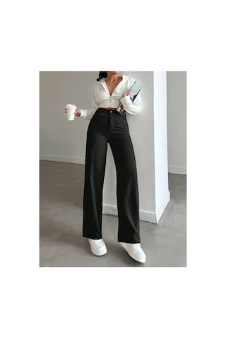 Kene Jeans Yüksek Bel Siyah Keten Bol Paça Tam Kalıp Pantolon Siyah