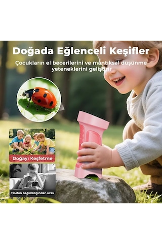 395 Pembe Taşınabilir Dijital Çocuk Mikroskobu - 2.4 İnç Ips Ekranlı, 1080p Full Hd, 1000x Zoom, 8 Led Işıklı Eğitici Bilim Kiti